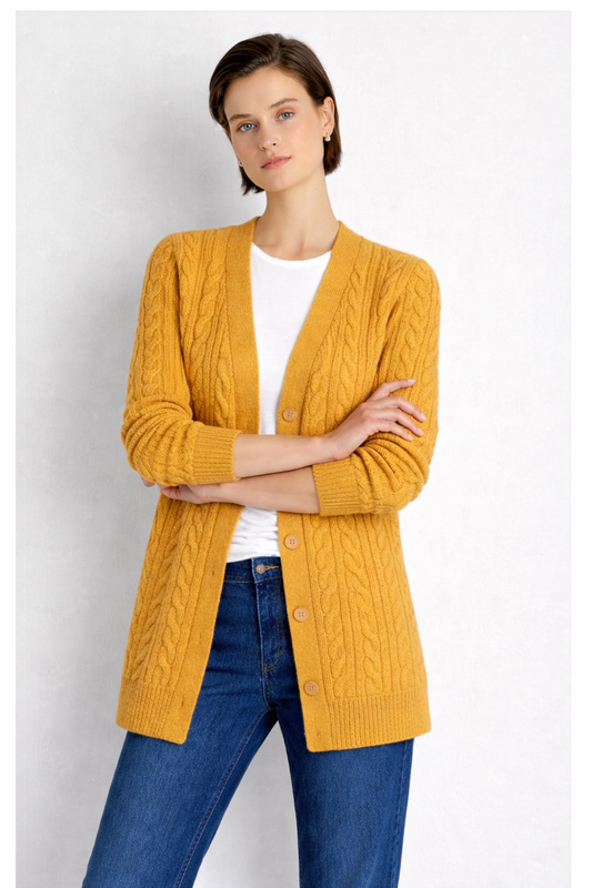 Cashmere Blend Mustard Yellow Cable Knit Cardigan