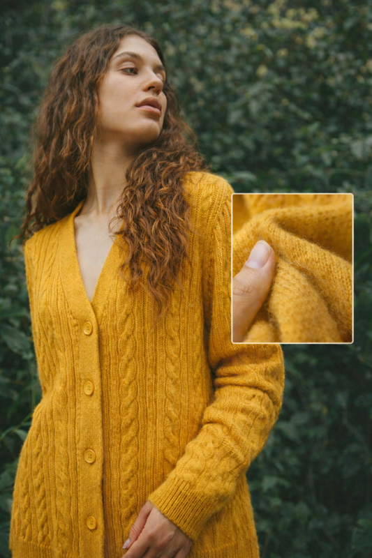 Cashmere Blend Mustard Yellow Cable Knit Cardigan
