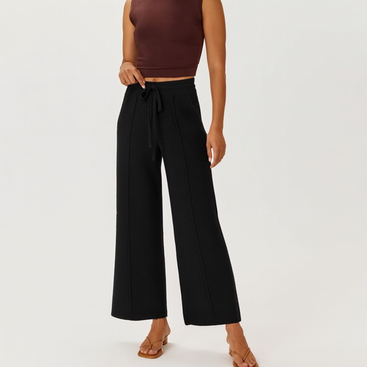 100% Cashmere Winter Solid Elastic Ankle-length Cashmere Wide Leg Belted Pants