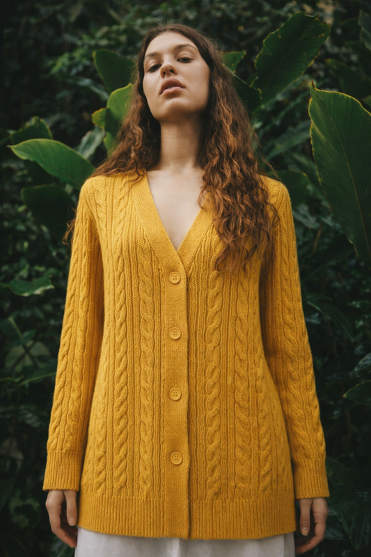 Cashmere Blend Mustard Yellow Cable Knit Cardigan
